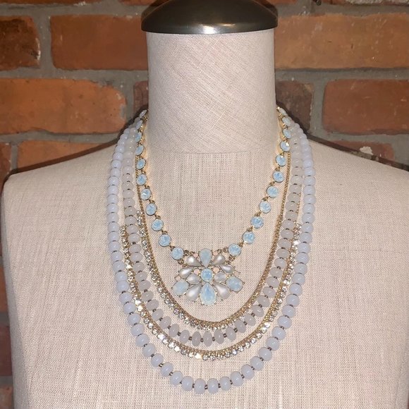 CONVERTIBLE WHITE BEACH & RHINESTONE MULTI-ROW NECKLACE - Picture 2 of 12